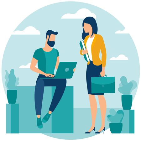 Vector illustration of coworkers are communicating in office. Man and woman in coworking open space. Flat design concept of office workspace,  teamwork creative communications.のイラスト素材