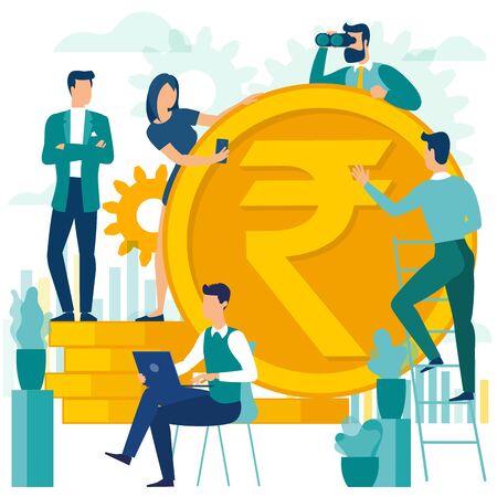 Flat design indian rupee vector illustration of people are making money. Vector flat template for  financial services, bankers are engaged in work, saving or accumulating money, investment an savings.のイラスト素材
