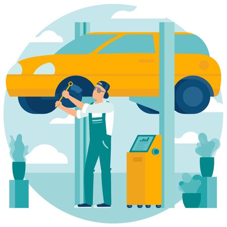 Flat design illustration of car service. Cartoon concept repairing the car, tire service, vehicle  diagnostics, spare parts. Vector template for banner, poster, inographics, web page and mobile app.のイラスト素材