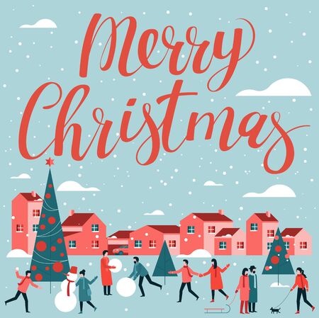 Calligraphic trendy Christmas and New Year greeting card and poster vector template. Merry Christmas lettering, vector illustrationのイラスト素材