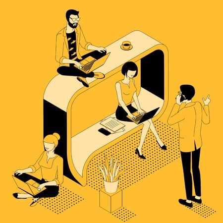 Isometric review and feedback, comment and review vector concept with people and speech bubble. Customer write review online, isometric 3d feedback and evaluation page and mobile app template.のイラスト素材