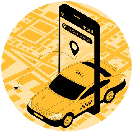 Flat design isometric online taxi car order template for online service mobile application, web site and banner.のイラスト素材