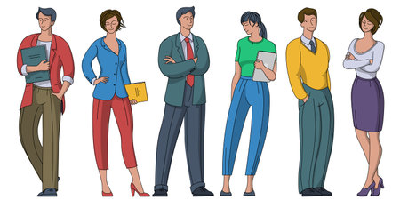 Set of vector young people characters performing various activities. Group of people characters flat design style cartoon characters isolated on white background.のイラスト素材