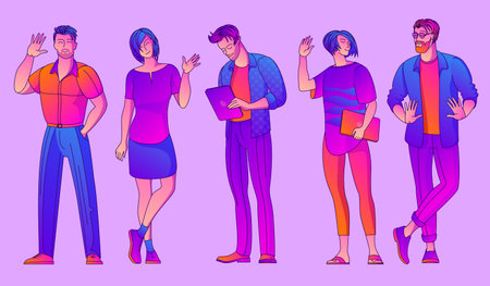 Group of young colleagues standing together. Office workers, students, young generation. Flat design...