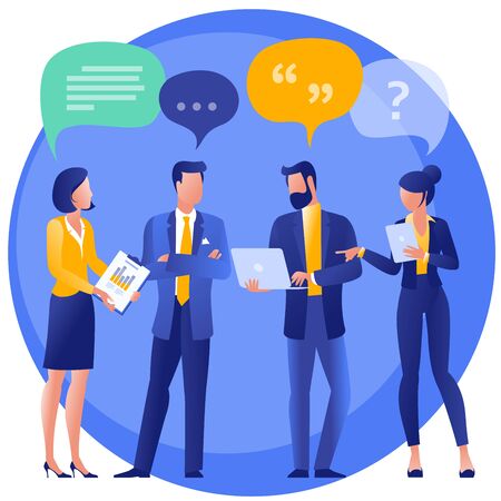 Flat design social network communication vector concept illustration of group of people chatting with speech bubbles. Template for web design, banner, mobile app, landing page and infographics.のイラスト素材