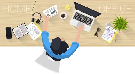 Flat design web page concept for creative business process and business strategy, teamwork. Trendy vector illustration home office and outsource mock up for website and mobile app.のイラスト素材