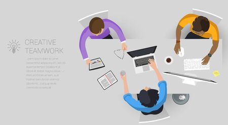 Flat design web page concept for creative business process and business strategy, teamwork. Trendy vector illustration home office and outsource mock up for website and mobile app.のイラスト素材