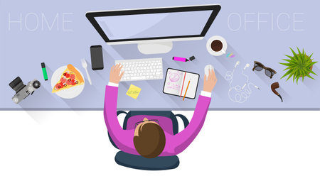 Flat design web page concept for creative business process and business strategy, teamwork. Trendy vector illustration home office and outsource mock up for website and mobile app.のイラスト素材