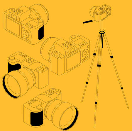 Flat design isometric photo slr camera front and rear view. Camera on professional tripod for video blogging and streaming.のイラスト素材