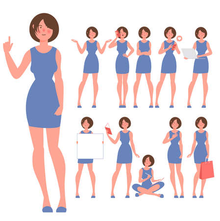 Set of flat design young woman characters. Various poses and gestures and everyday activities. Shopping, chatting, phonning, working and showing different emotions.のイラスト素材
