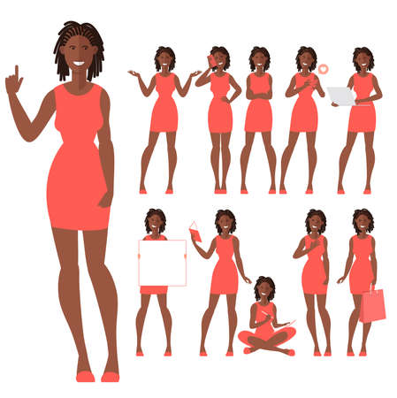 Set of flat design young afro american woman characters. Various poses and gestures and everyday activities. Shopping, chatting, phonning, working and showing different emotions.のイラスト素材