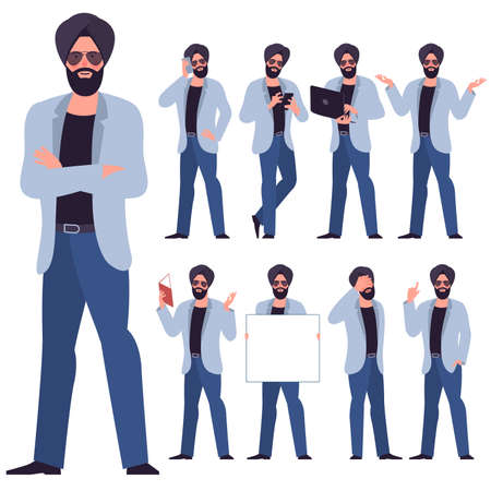 Set of flat design young indian sikh businessman characters. Various poses and gestures, everyday activities. Working, chatting, phonning, working and showing different emotions.のイラスト素材
