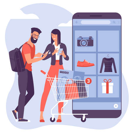 Flat design vector concept for online and mobile shopping. Easy to use and highly customizable. Young man and woman are shopping online using mobile app.のイラスト素材