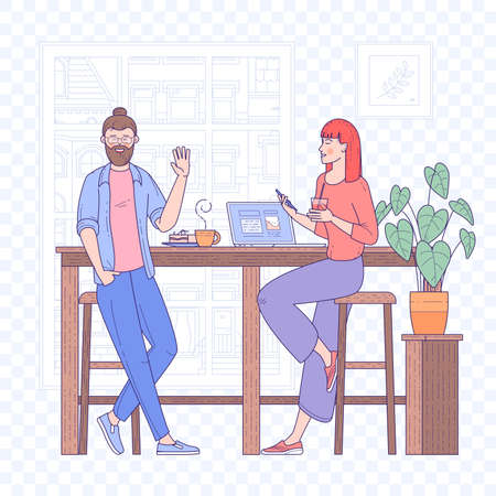 Young man woman drinking coffee and working remotely at the coffee shop. Flat design vector illustration, ready to animation vector concept for website, presentation, mobile app.のイラスト素材