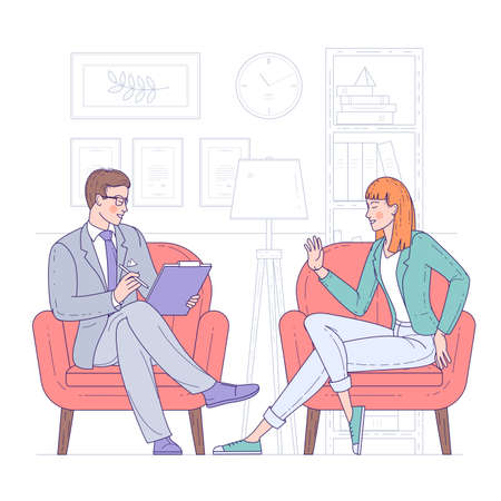 Flat design vector concept for psychotherapy session. Patient with psychologist, psychotherapist office. Psychiatrist session in mental health clinic.のイラスト素材