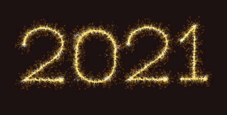 2021 sparkling burning golden numbers on dark black background. Vector concept for websine,...