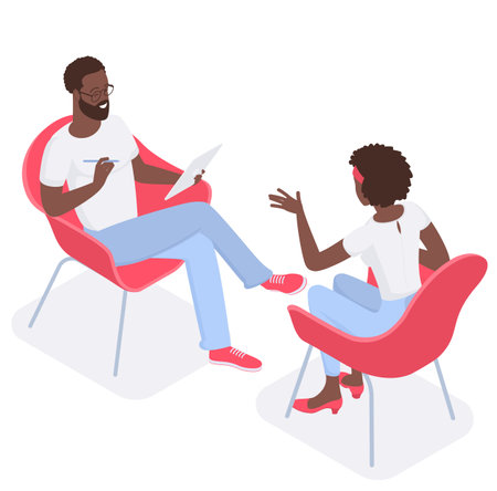 Flat design isometric vector concept for psychotherapy session. Afroamerican patient with psychologist, psychotherapist office. Psychiatrist session in mental health clinic.のイラスト素材