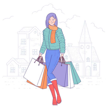 Shopping woman holding bags.のイラスト素材