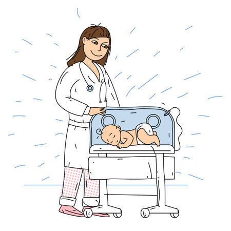 Neonatal doctor with baby in incubatorのイラスト素材