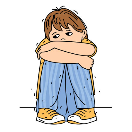 Sad little boy sitting aloneのイラスト素材
