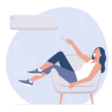 Woman operating air conditionerのイラスト素材