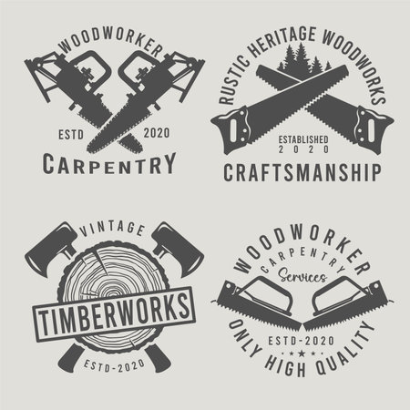 Set of Vintage Timberwork Carpentry Service Badge Logo, Labels, and Emblems.のイラスト素材