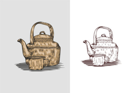 Hand-drawn tea cup and tea kettle illustration in engraving style for menu or cafe.のイラスト素材