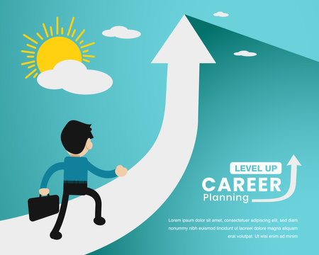 Businessman run up the career path. Business concept Businessman running to the goal. Business concept about goals, success, ambition, achievements and challenges.のイラスト素材