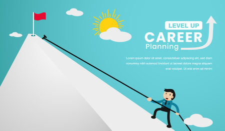 Businessman climbing up the mountain to reach the goal. Businessman running to the goal. Business concept about goals, success, ambition, achievements and challenges.のイラスト素材
