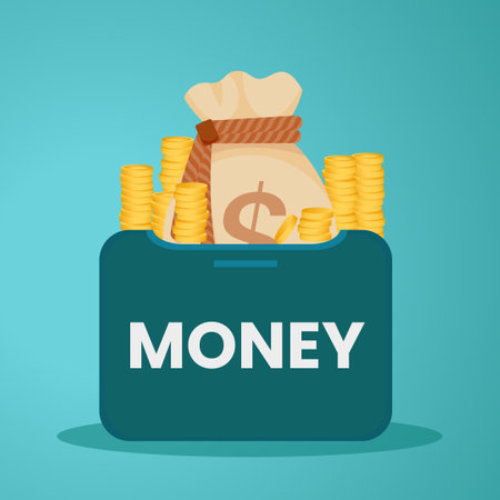 Money bag with coins and money on blue background. Vector illustration.のイラスト素材