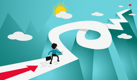 Businessman go up the arrow to success. Business concept. Businessman running to the goal. Business concept about goals, success, ambition, achievements and challenges.のイラスト素材