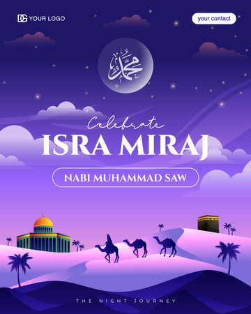 Isra Miraj The night journey of the Prophet Muhammad. Vector illustration of Al Isra Wal Miraj for social media with camel silhouettes mosque and kaaba.のイラスト素材