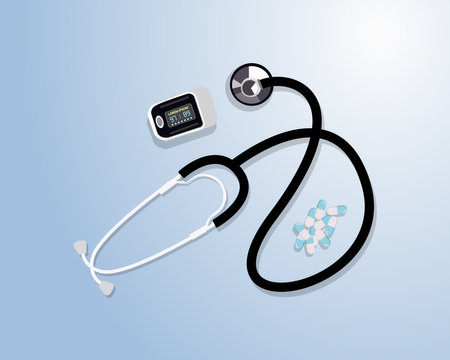 stethoscope and digital thermometer on blue background. vector illustrationのイラスト素材