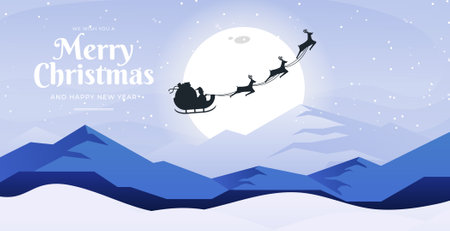 Merry Christmas and Happy New Year banner with Santa Claus flying in sleigh with reindeer. Vector illustration.のイラスト素材