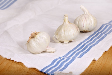 Garlic on kitchen towelの写真素材
