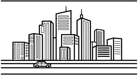 Cityscape with skyscrapers and cars on the road. Vector illustrationのイラスト素材