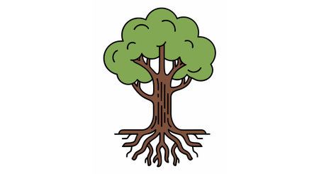 Illustration of a green tree with roots on a white background.のイラスト素材