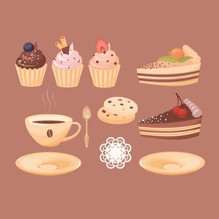 Vector set of a cup of coffee, cakes and cupcakes. Can be combined to get variations with spoon, saucer and napkin.のイラスト素材