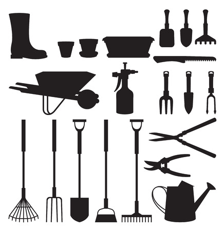 Stock vector illustration set of silhouettes of objects of garden tools and accessories Stock vector illustration set of silhouettes of objects of garden tools and accessories