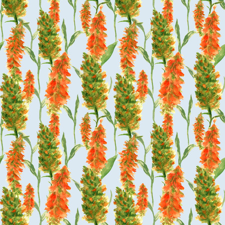 Hand drawn seamless pattern with wild meadow watercolor yellow and green flowers, herbs and grasses on aの写真素材
