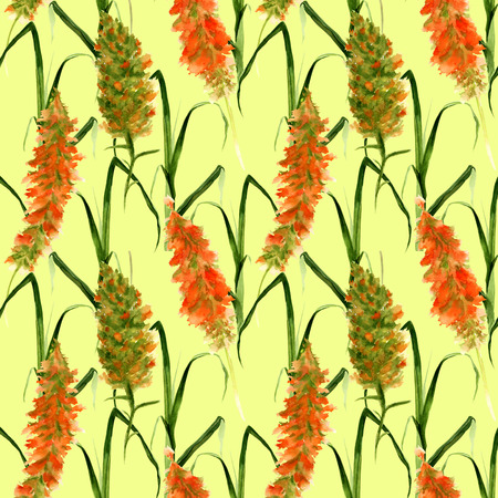 Hand drawn seamless pattern with wild meadow watercolor yellow and green flowers, herbs and grasses on a lime backgroundの写真素材