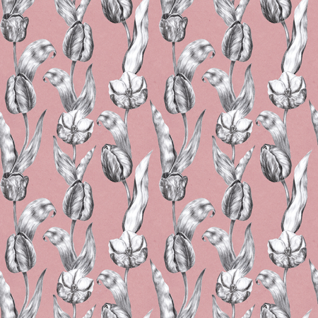 Hand drawn black and white charcoal pencil illustration tulip flowers in vintage style on a pink craft paper background. Seamless pattern for fabric, wallpaper, paperの写真素材