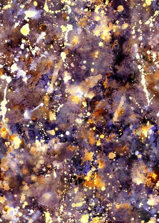 Hand drawn abstract shiny watercolor texture with blots and sparksの写真素材