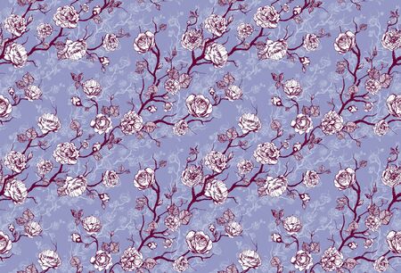 Hand drawn graphic floral pattern with pink roses and leaf on color backgroundの写真素材