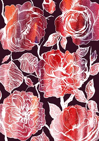 Hand drawn floral vertical template with graphic detailed roses flowersの写真素材