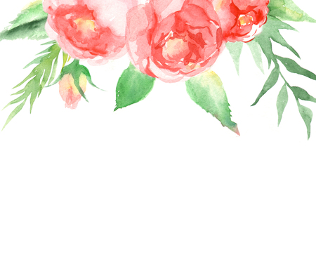 Floral background for wedding. Colorful floral wedding collection with leaves and flowers, drawing watercolor. Spring or summer design for invitation, wedding or greeting cards. Wedding card.の写真素材