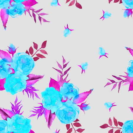 Seamless background pattern with watercolor drawings of blooming watercolor flowers and roses. Colorful watercolor floral collection flowers.Design for invitation, wedding, greeting cards and fabric.の写真素材