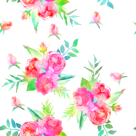 Seamless background pattern with watercolor drawings of blooming watercolor flowers and roses. Colorful watercolor floral collection flowers.Design for invitation, wedding, greeting cards and fabric.の写真素材