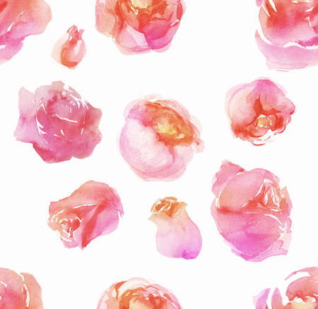 Seamless background pattern with watercolor drawings of blooming pink peony flowers and roses. Colorful floral collection flowers. Design for invitation, wedding, greeting cards and fabric.の写真素材