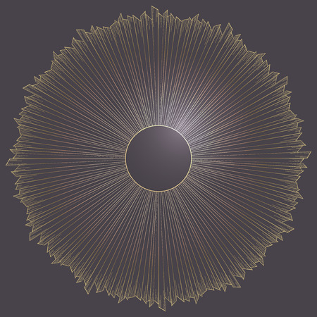 Rays of light as a halo. Hand drawn vector illustration isolated on black in vintage engraved style. Line art tattoo template. Scrapbook element. Symbol of pride and glory and divine lightのイラスト素材